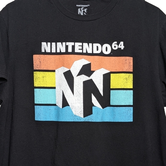 Nintendo Other - Nintendo 64 Black T-Shirt N64 Logo Over Stripes Men's Large Vintage Look EUC